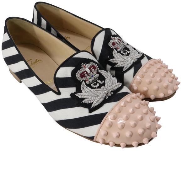Intern Flat Black White Striped CL Logo Spike Poudre Pink Flats C327